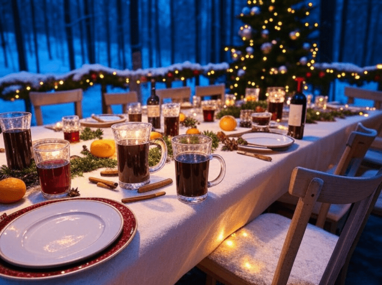 A snowy outdoor dining table set with mugs of mulled wine, oranges, and festive decorations, surrounded by a forest.