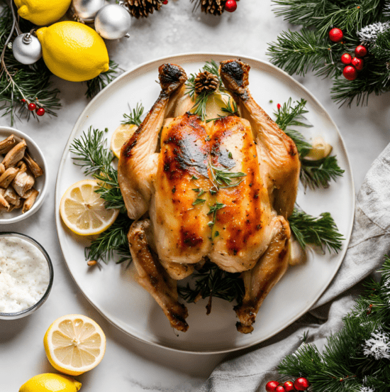 Overhead shot of roasted chicken surrounded by lemons, rosemary, and Christmas greenery, with decorative ornaments.