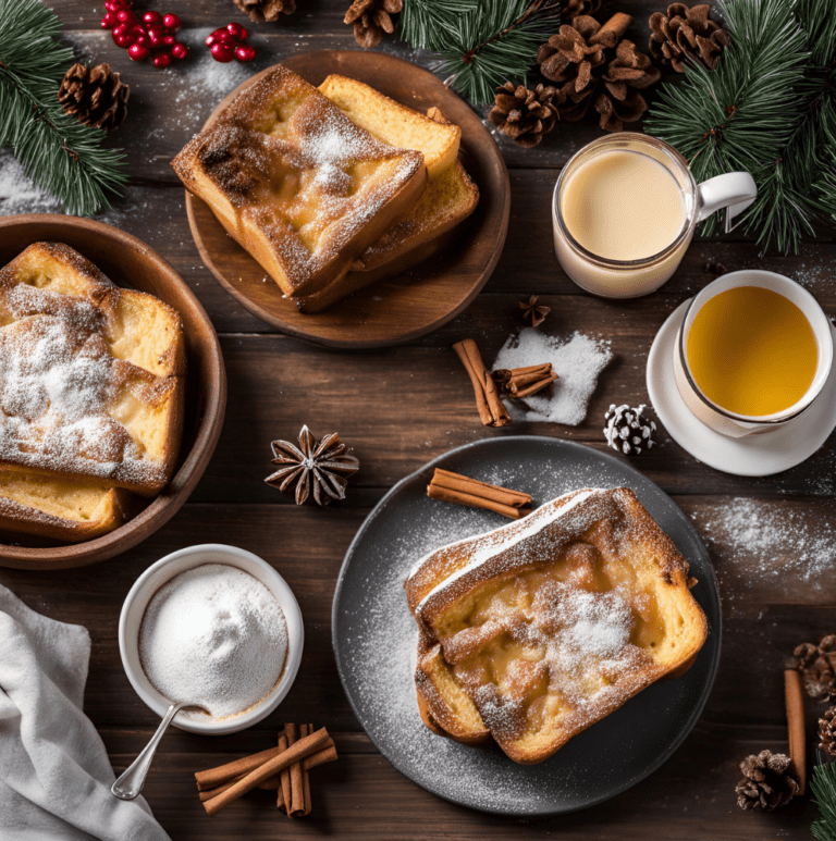 Multiple servings of Eggnog French Toast Bake displayed on plates, surrounded by holiday-themed decorations.