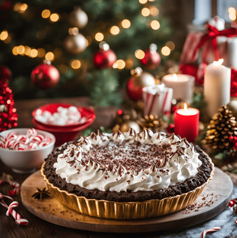 A golden-rimmed chocolate peppermint pie with whipped cream swirls and crushed candy cane sprinkles, framed by glowing Christmas lights.