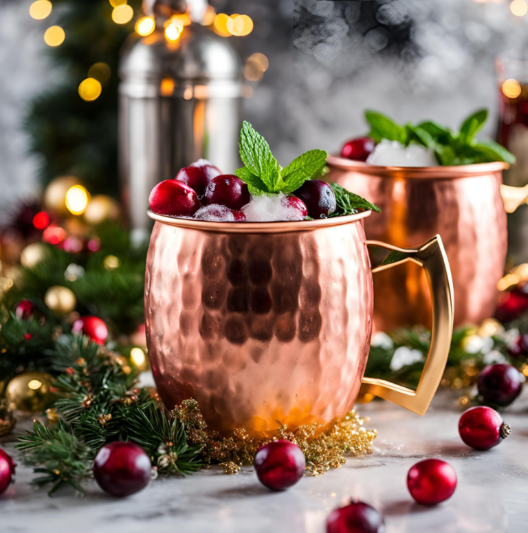 Elegant Copper Mug with Cranberry Moscow Mule and Lime Garnish Against a Festive Background