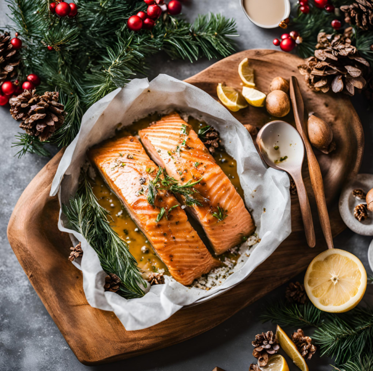 Baked salmon fillets with maple glaze in parchment paper, served with lemon wedges and surrounded by Christmas greenery.