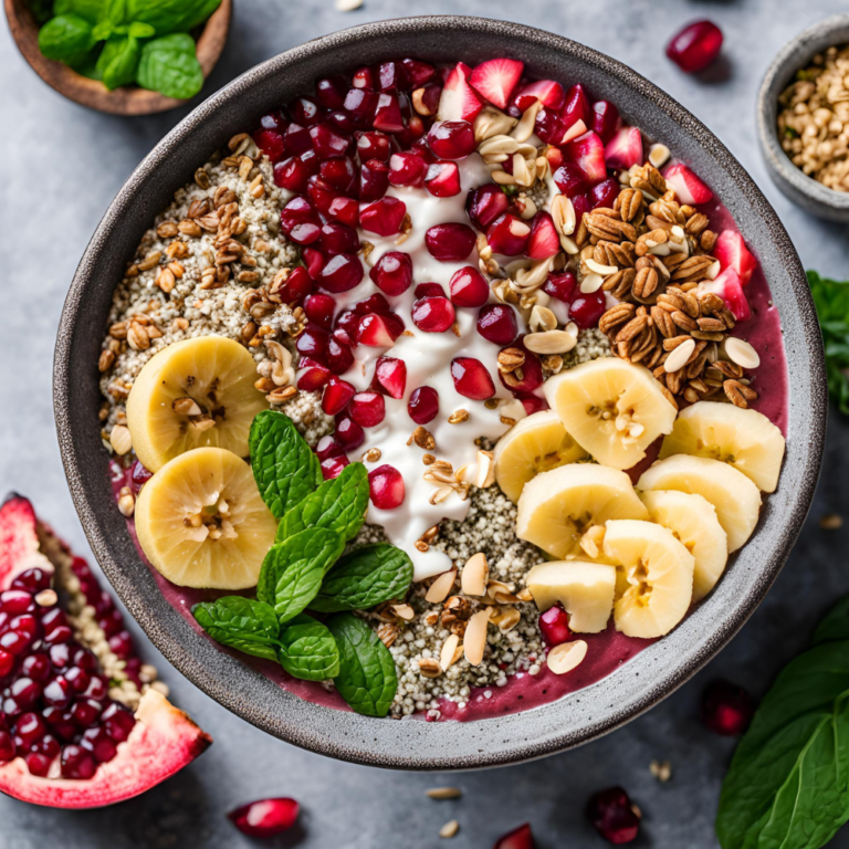 A festive pomegranate smoothie bowl with layers of banana, granola, and pomegranate arils, perfect for a holiday breakfast.