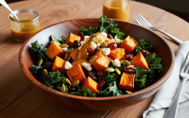 Roasted sweet potato and kale salad in a wooden bowl with dressing in the background.