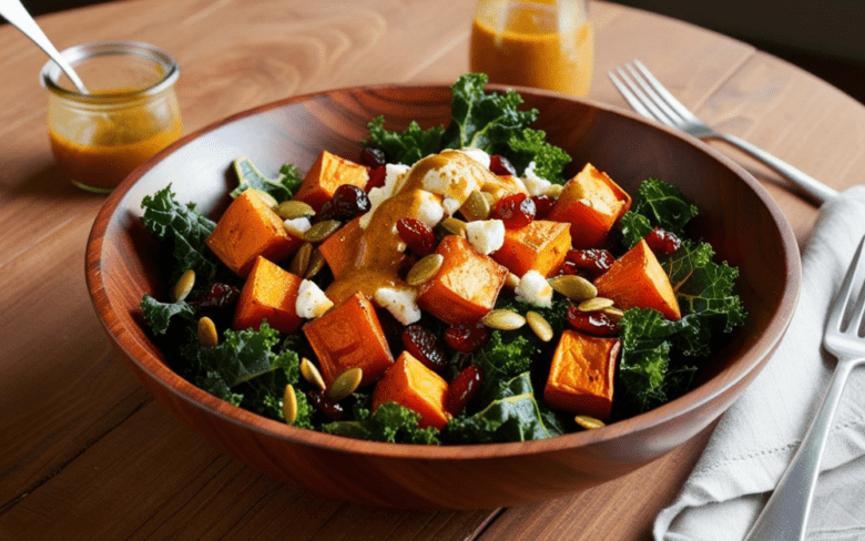 Roasted sweet potato and kale salad in a wooden bowl with dressing in the background.