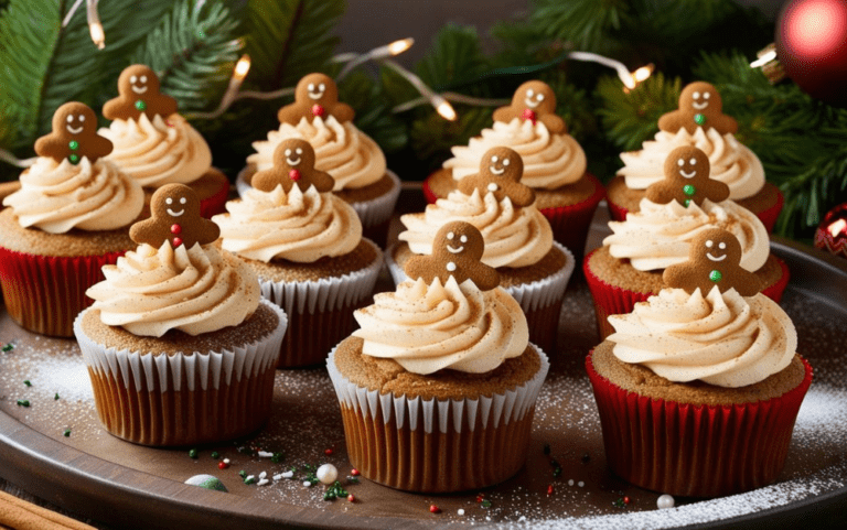 Close-up of gingerbread cupcakes with cream cheese frosting and charming holiday decor.