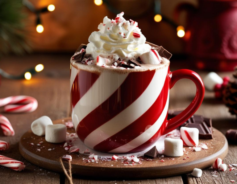 Candy-striped mug of peppermint hot chocolate with whipped cream and festive garnishes on a wooden table with holiday lights.