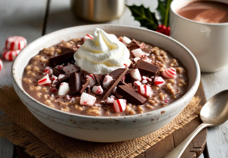 Peppermint Mocha Oatmeal served in a rustic white bowl, topped with chocolate, whipped cream, and crushed peppermint.