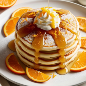 Overhead view of a neatly stacked plate of Mimosa Pancakes garnished with fresh orange slices and whipped cream.