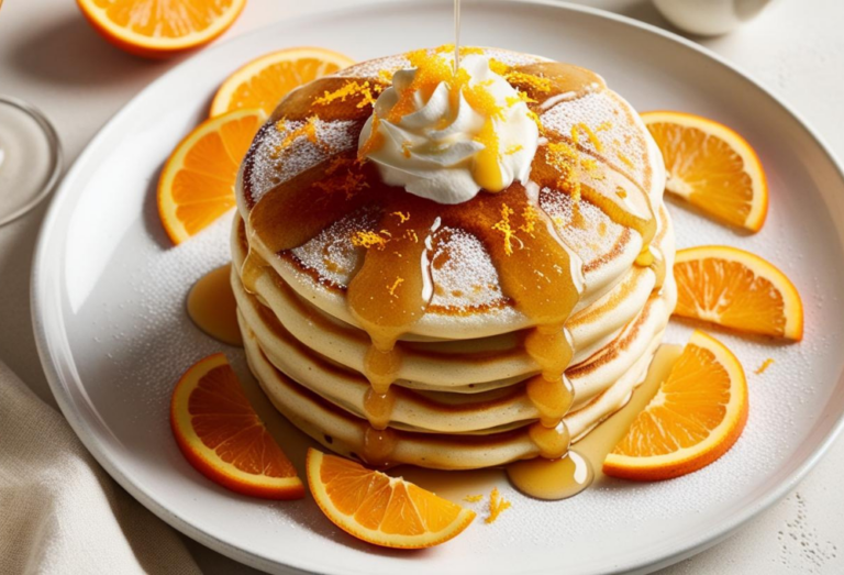Overhead view of a neatly stacked plate of Mimosa Pancakes garnished with fresh orange slices and whipped cream.