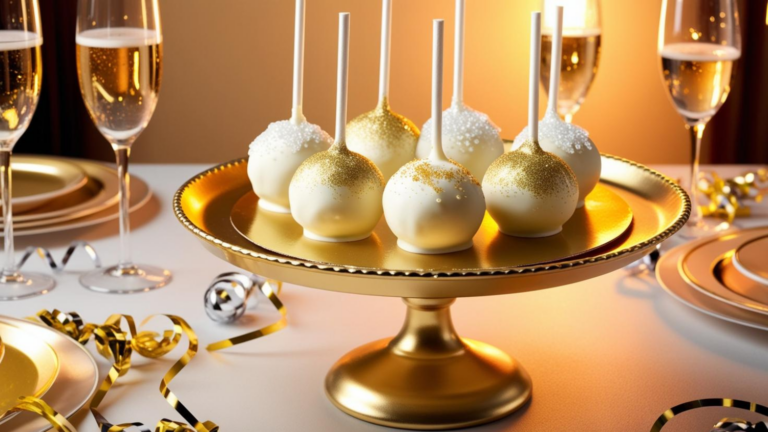 Champagne cake pops in white and gold decor, placed in a festive New Year dining setting with gold plates and ribbons.