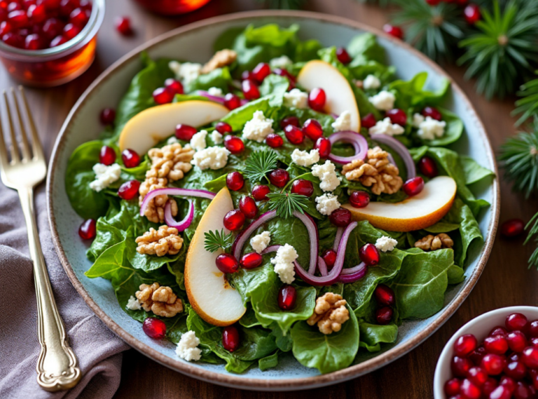 A bowl of vibrant winter salad with pear slices, pomegranate seeds, and walnuts, surrounded by holiday decorations and ornaments.