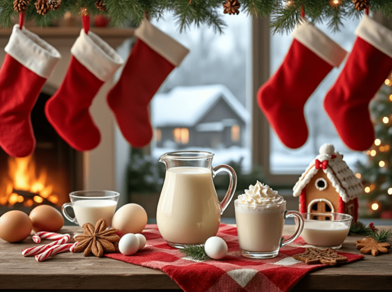 A close-up of eggnog in a glass mug with whipped cream and cinnamon, surrounded by holiday decorations and candles.