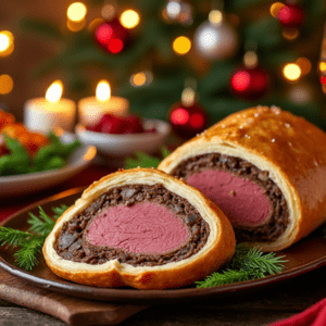 A sliced Beef Wellington on a platter with a glass of wine and holiday decorations.