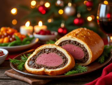 A sliced Beef Wellington on a platter with a glass of wine and holiday decorations.