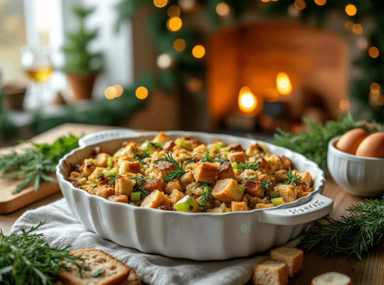 A beautifully baked dish of Gluten-Free Stuffing with golden cubes of bread, garnished with fresh rosemary, set in a cozy holiday kitchen with festive décor.