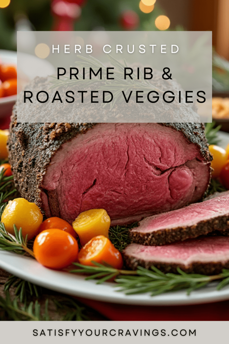 Herb-crusted prime rib with roasted vegetables and a text overlay reading "Herb Crusted Prime Rib & Roasted Veggies."