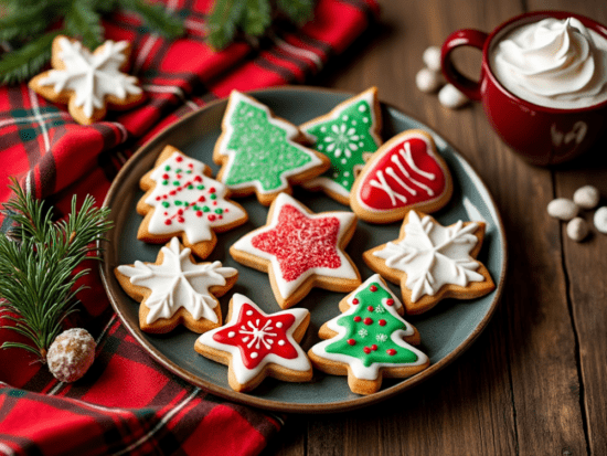 A festive display of Christmas cookies on a plaid tablecloth with whipped cream hot cocoa.