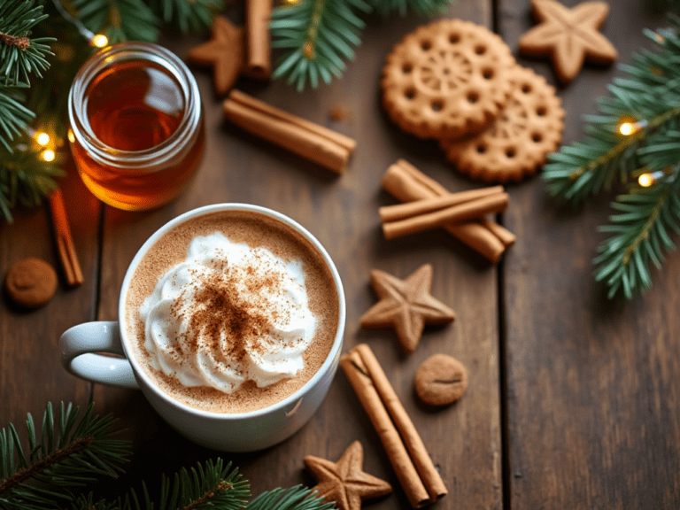 A gingerbread latte with whipped cream on a rustic wooden table surrounded by festive greenery.