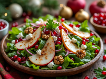 A rustic presentation of winter salad with pears, walnuts, and pomegranate seeds, served on a wooden platter with holiday ornaments.