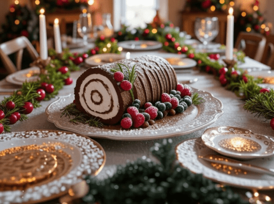 A chocolate yule log as the centerpiece of a Christmas dinner table, surrounded by festive decorations and candles.