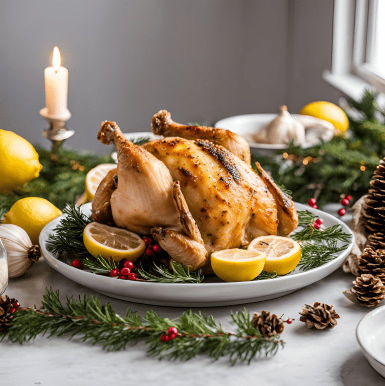 A white plate with roasted chicken, lemons, and pine sprigs, accompanied by golden Christmas decor.