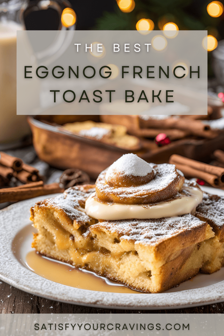 A close-up of a slice of Eggnog French Toast Bake topped with powdered sugar, cinnamon sticks, and caramel sauce.