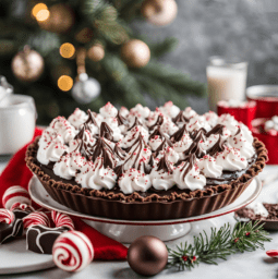 A chocolate peppermint pie with whipped cream swirls, chocolate shards, and red sprinkles, presented on a festive table with ornaments.