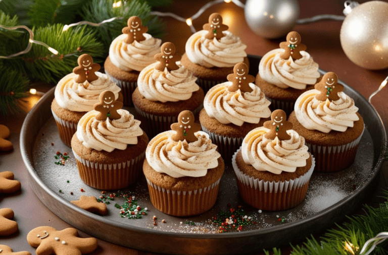 Gingerbread cupcakes topped with frosting, gingerbread men, and festive Christmas lights in the background.