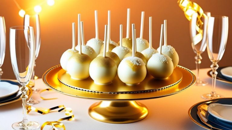 A festive banner reading “Champagne Cake Pops” over a New Year-themed kitchen with sparkling decorations.