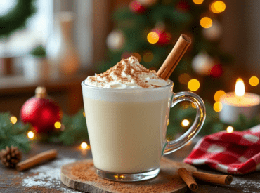 A holiday table with a pitcher and mug of eggnog, surrounded by milk bottles, cinnamon sticks, and festive Christmas greenery.