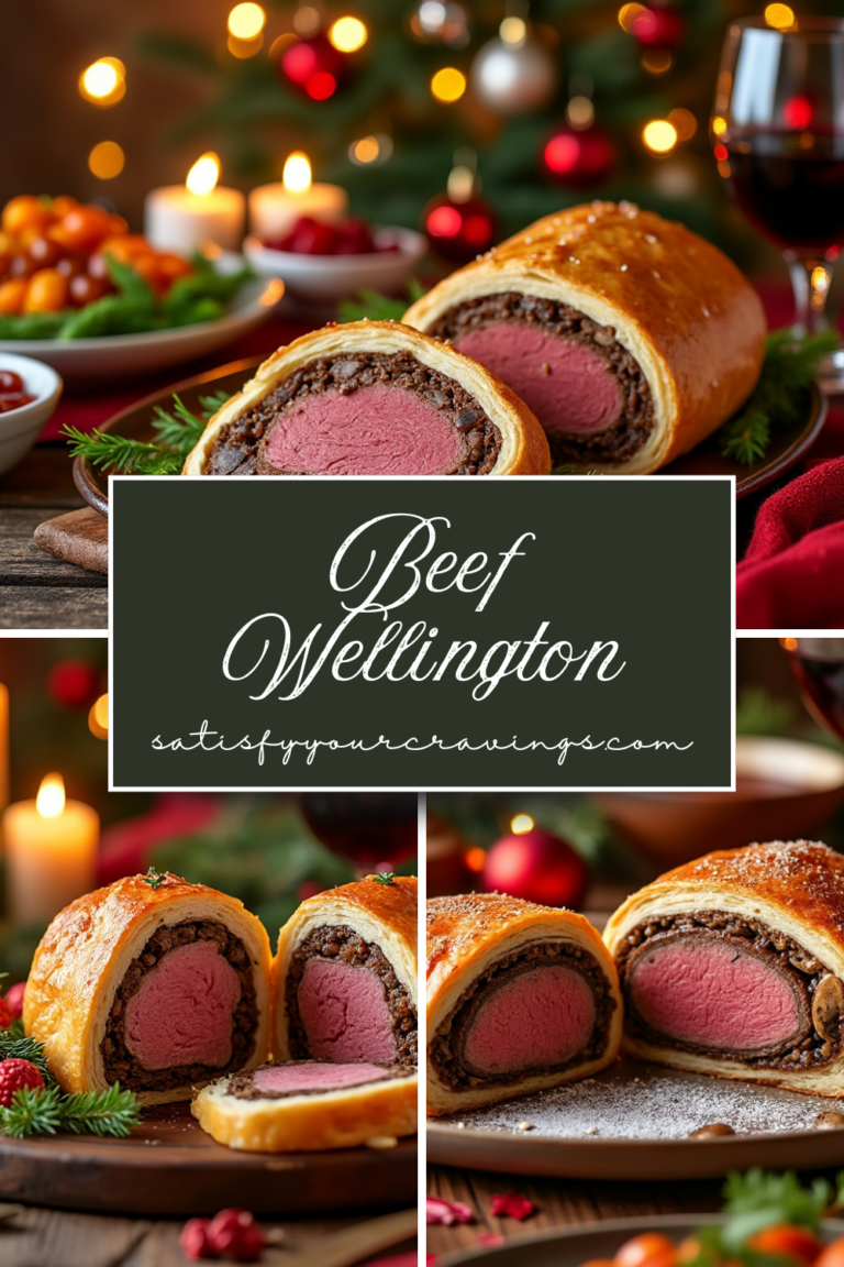 Collage of Beef Wellington images with a festive and cozy Christmas theme.