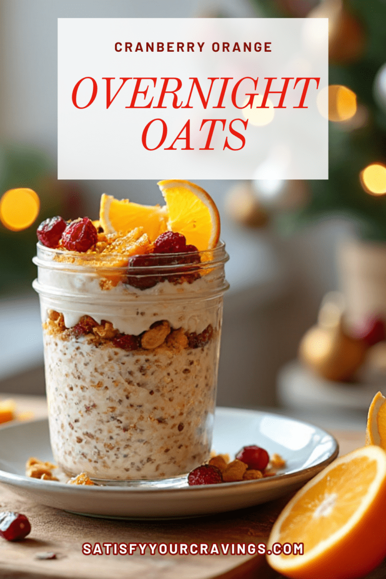 A simple yet elegant jar of Cranberry Orange Overnight Oats with oranges, cranberries, and nuts on a wooden table decorated for Christmas.