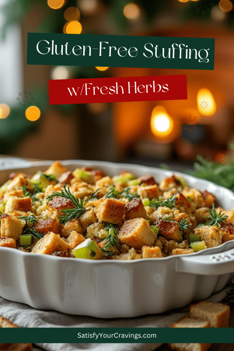 A festive holiday display of Gluten-Free Stuffing with Fresh Herbs, presented in a white baking dish with rosemary garnish, glowing in warm ambient lighting.