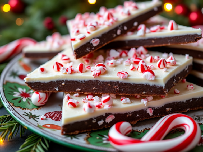 A plate of peppermint bark surrounded by holiday greenery and decorations, set on a festive tablecloth.