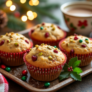 A tray of muffins topped with cranberries and pistachios, set against a cozy holiday backdrop with pinecones and a holiday mug.