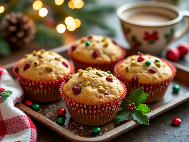 A tray of muffins topped with cranberries and pistachios, set against a cozy holiday backdrop with pinecones and a holiday mug.