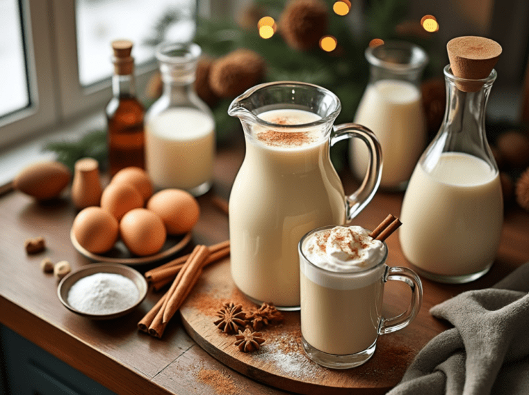 Two mugs of eggnog topped with whipped cream and cinnamon, surrounded by fresh ingredients on a wooden table.