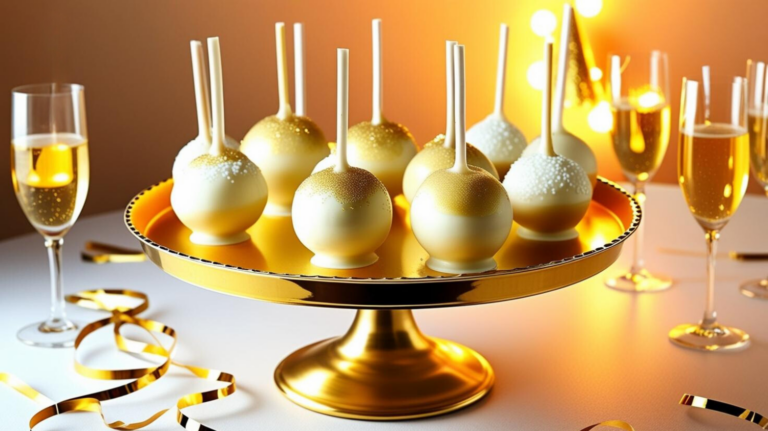 A close-up of sparkling champagne cake pops decorated with edible glitter in gold and white tones.