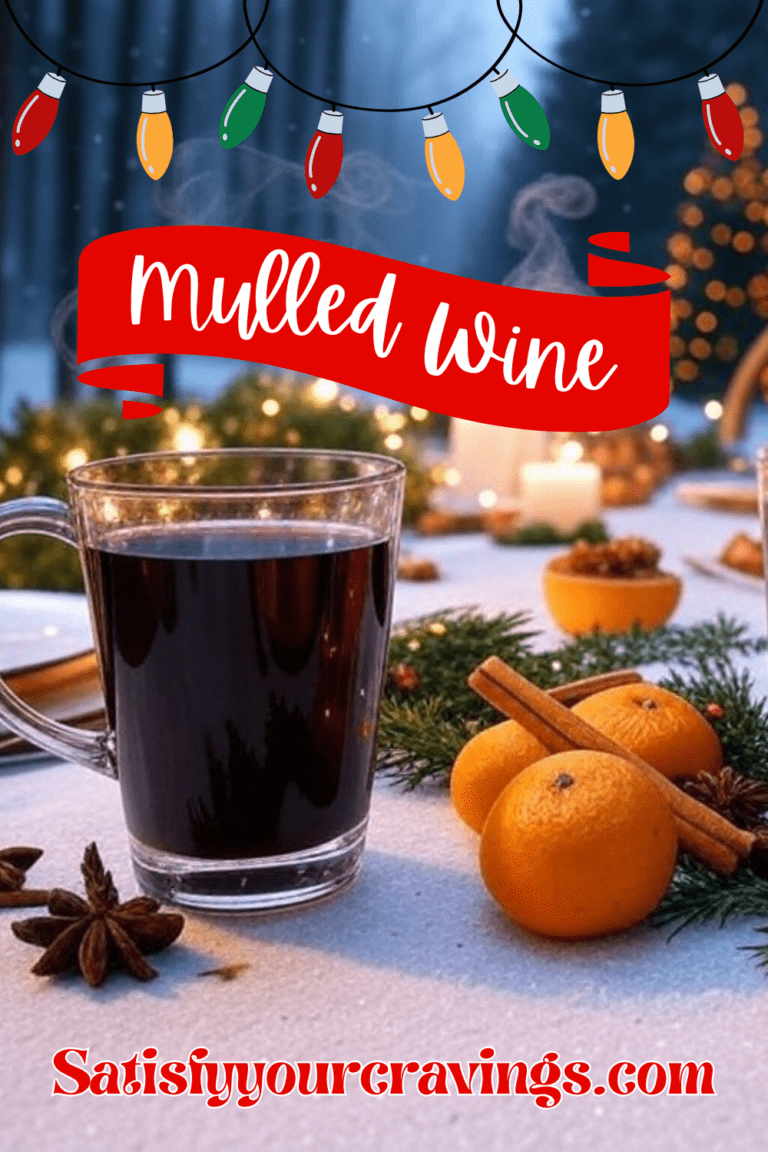 A single mug of steaming mulled wine surrounded by oranges, spices, and holiday greenery, with twinkling Christmas lights in the background.