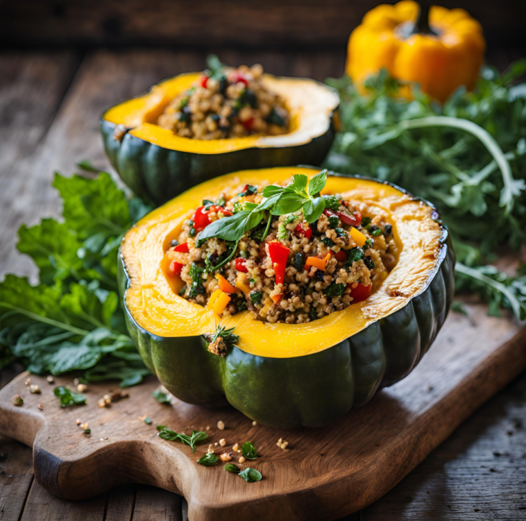 Two acorn squash halves filled with roasted vegetables, herbs, and quinoa on a wooden tray.