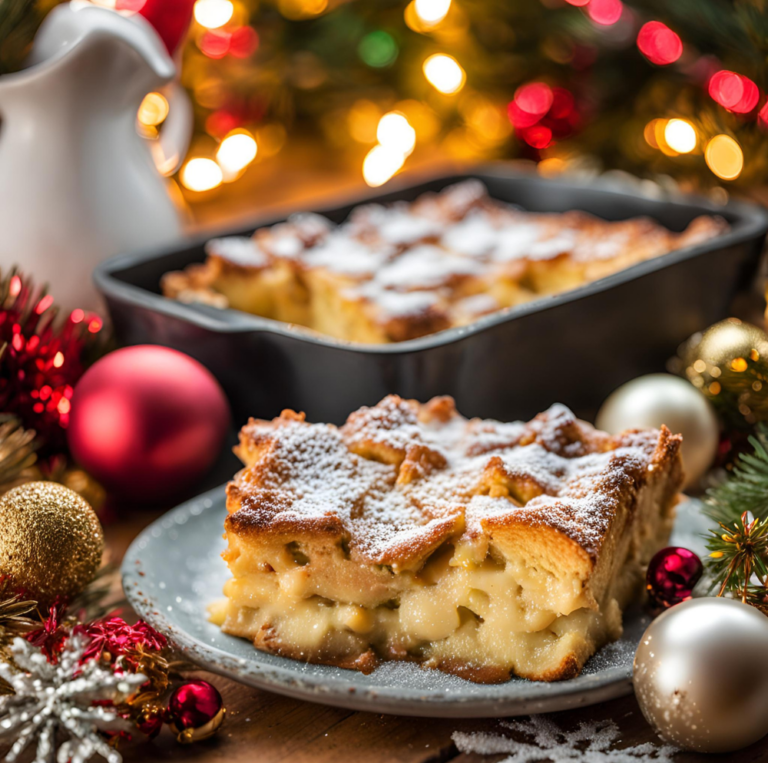 A close-up of Eggnog French Toast Bake served on a plate, topped with powdered sugar, with a holiday-themed backdrop featuring festive ornaments and warm lighting.