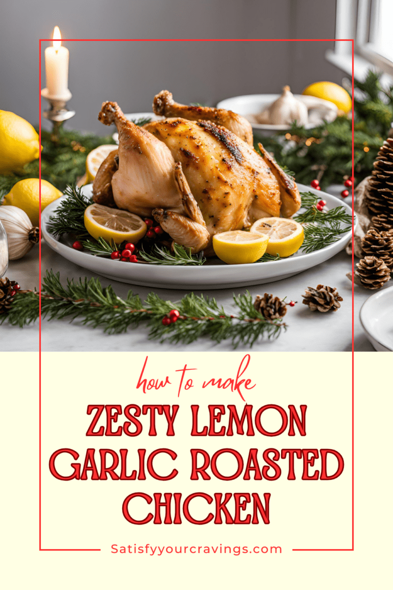 Christmas-themed Pinterest image with text overlay: “How to Make Zesty Lemon Garlic Roasted Chicken.”