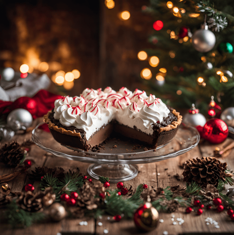 A chocolate peppermint pie sliced to reveal its creamy interior, topped with whipped cream and candy cane pieces, placed on a rustic holiday table.