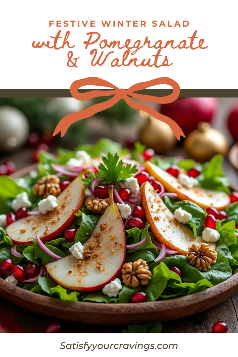 A Pinterest-style graphic showcasing a festive winter salad with pear slices, pomegranate seeds, walnuts, and a holiday bow graphic.