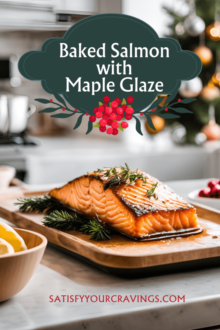 Baked salmon fillet with maple glaze on a wooden board, garnished with rosemary and cranberries, with the words 'Baked Salmon with Maple Glaze' and 'satisfyyourcravings.com' overlaid.