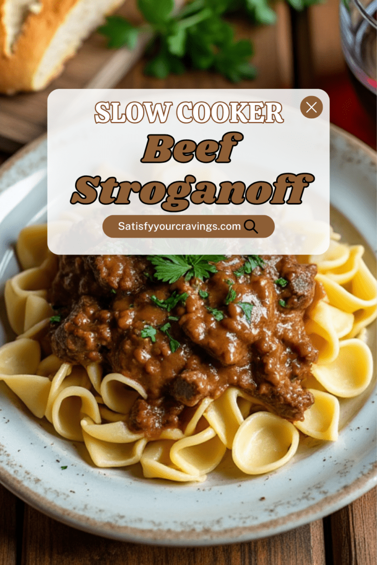 A close-up of slow cooker beef stroganoff on egg noodles with the text "Slow Cooker Beef Stroganoff" and the blog name "SatisfyYourCravings.com."