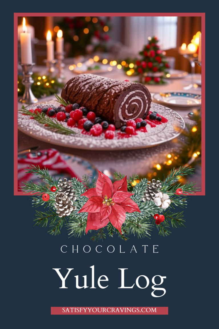 A graphic design featuring a chocolate yule log on a festive table with holiday decorations.