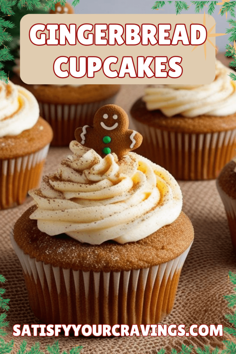 Gingerbread cupcakes with cream cheese frosting and gingerbread man toppers, with text overlay reading "Gingerbread Cupcakes."