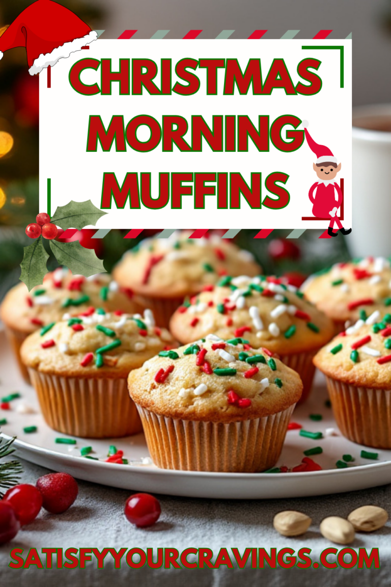 A festive graphic featuring Christmas Morning Muffins with red and green sprinkles, with a holiday-themed banner.